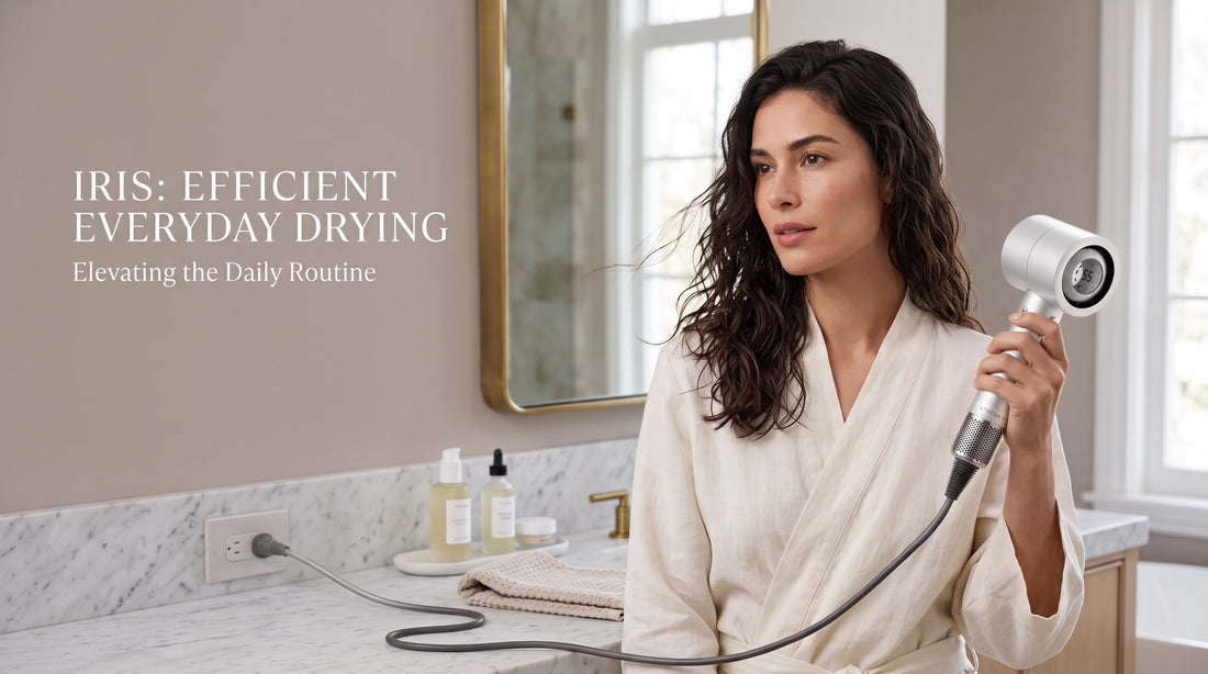 Person drying damp hair with the Athena Air IRIS high-speed hair dryer.