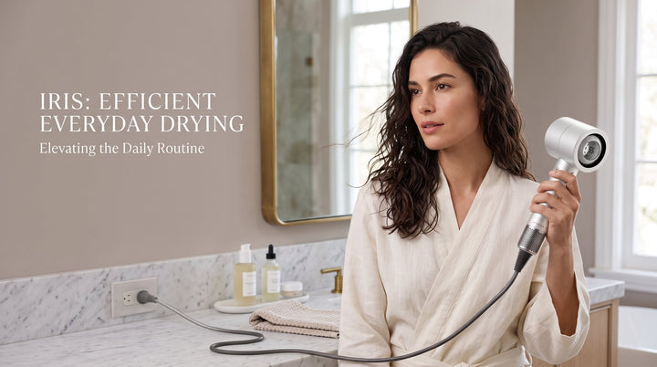 Person drying damp hair with the Athena Air IRIS high-speed hair dryer.