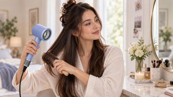 Woman drying long thick hair with an Iris hair dryer.