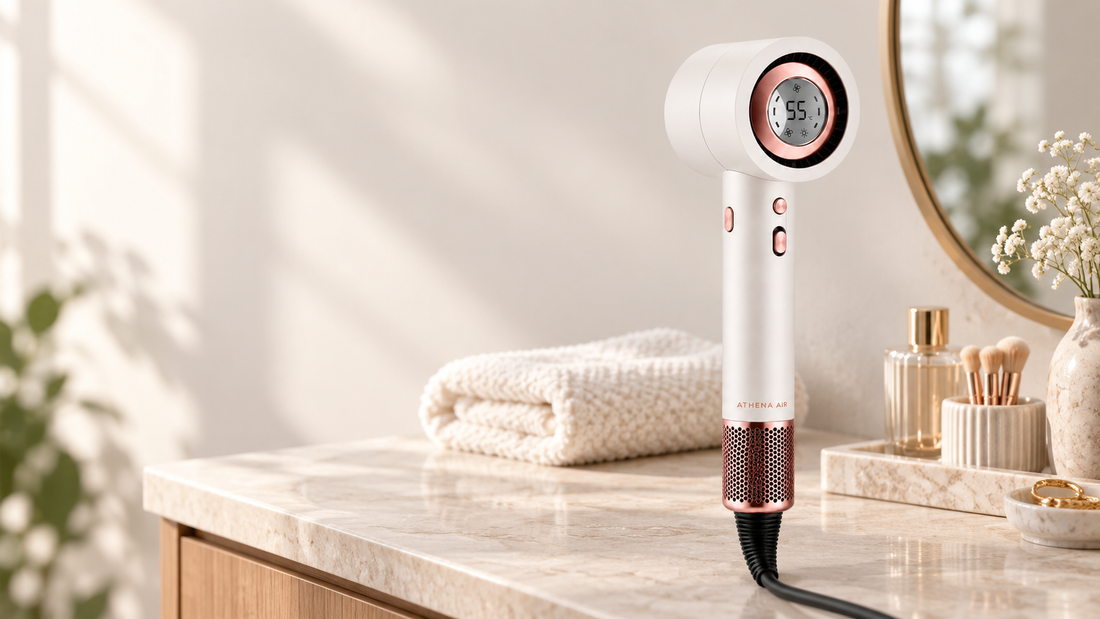 Athena Air IRIS high-speed hair dryer on a bathroom vanity