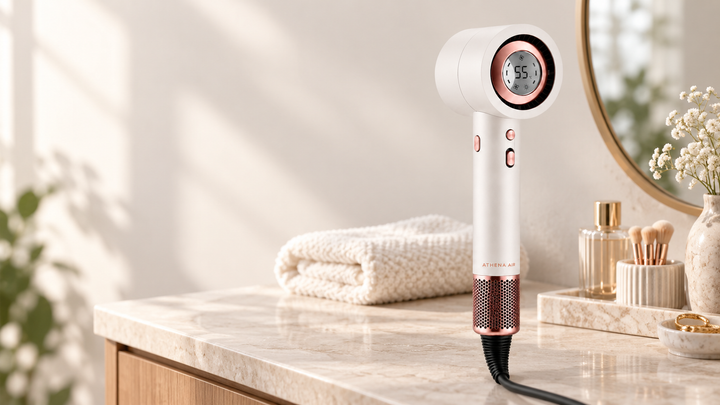 Athena Air IRIS high-speed hair dryer on a bathroom vanity