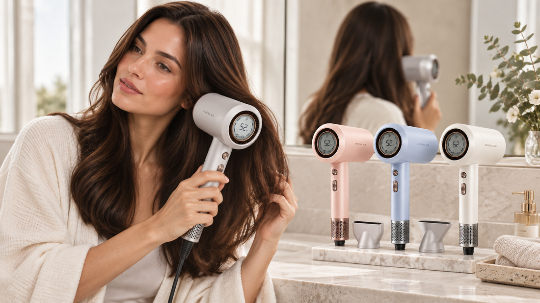 Person comparing Athena Air IRIS hair dryers for different hair types
