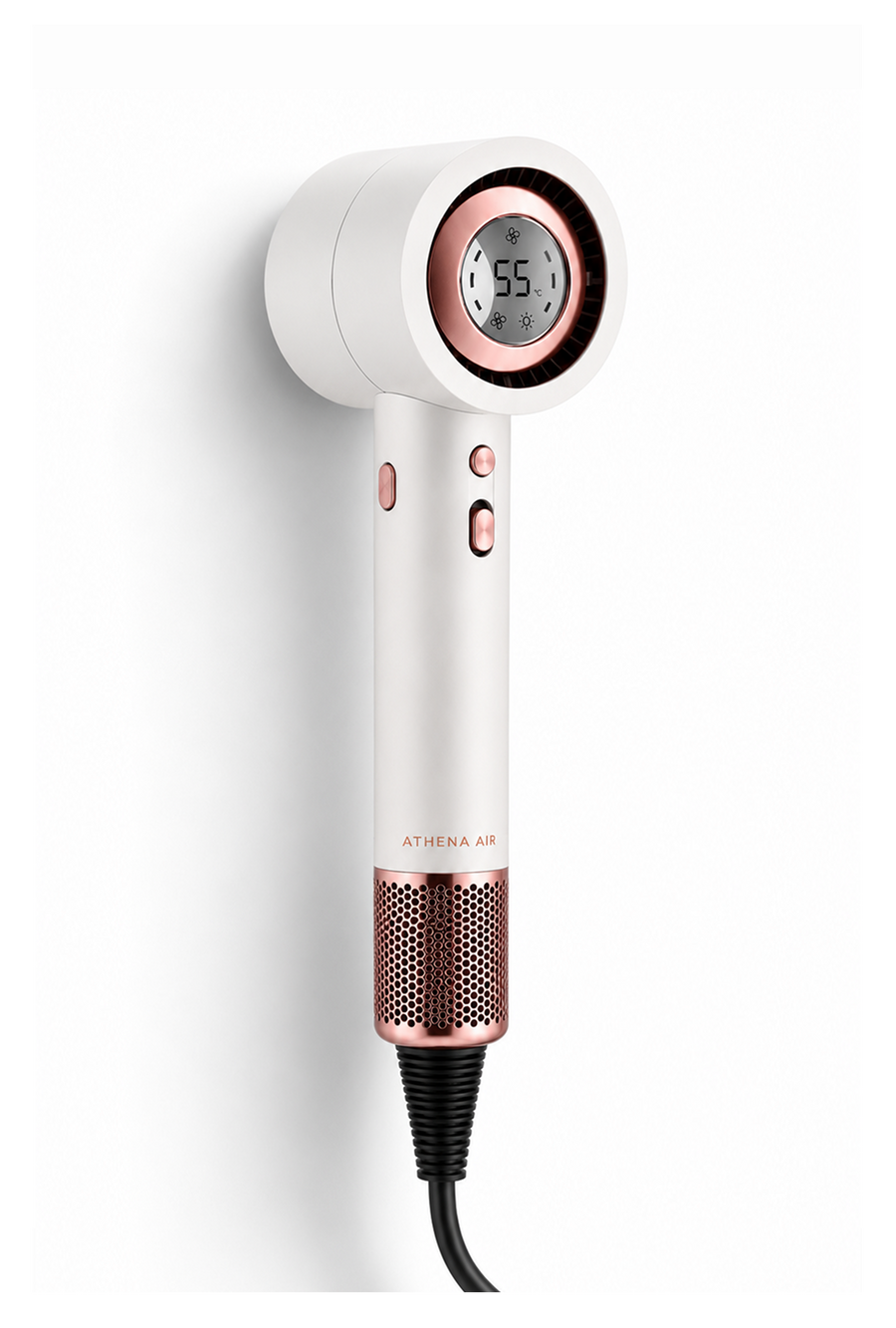 ATHENA AIR IRIS hair dryer in Pearl White with its Floating Display and rose-gold details