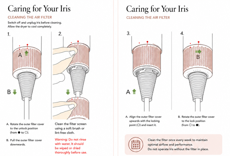 Four-step illustrated guide for removing, cleaning and reinstalling the Iris air filter cover